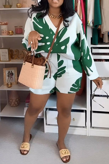 Casual Daily Elegant Vacation Print Floral Printing V Neck Long Sleeve Two Pieces