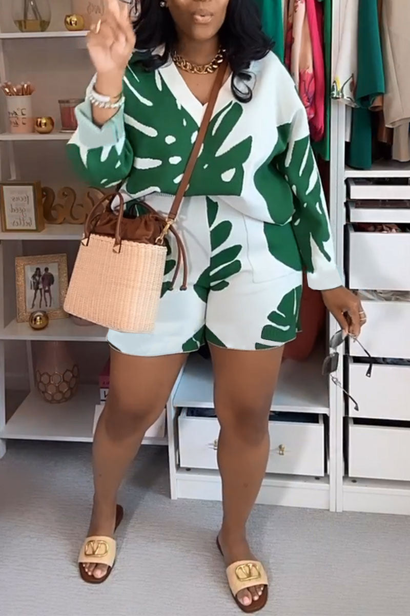 Casual Daily Elegant Vacation Print Floral Printing V Neck Long Sleeve Two Pieces