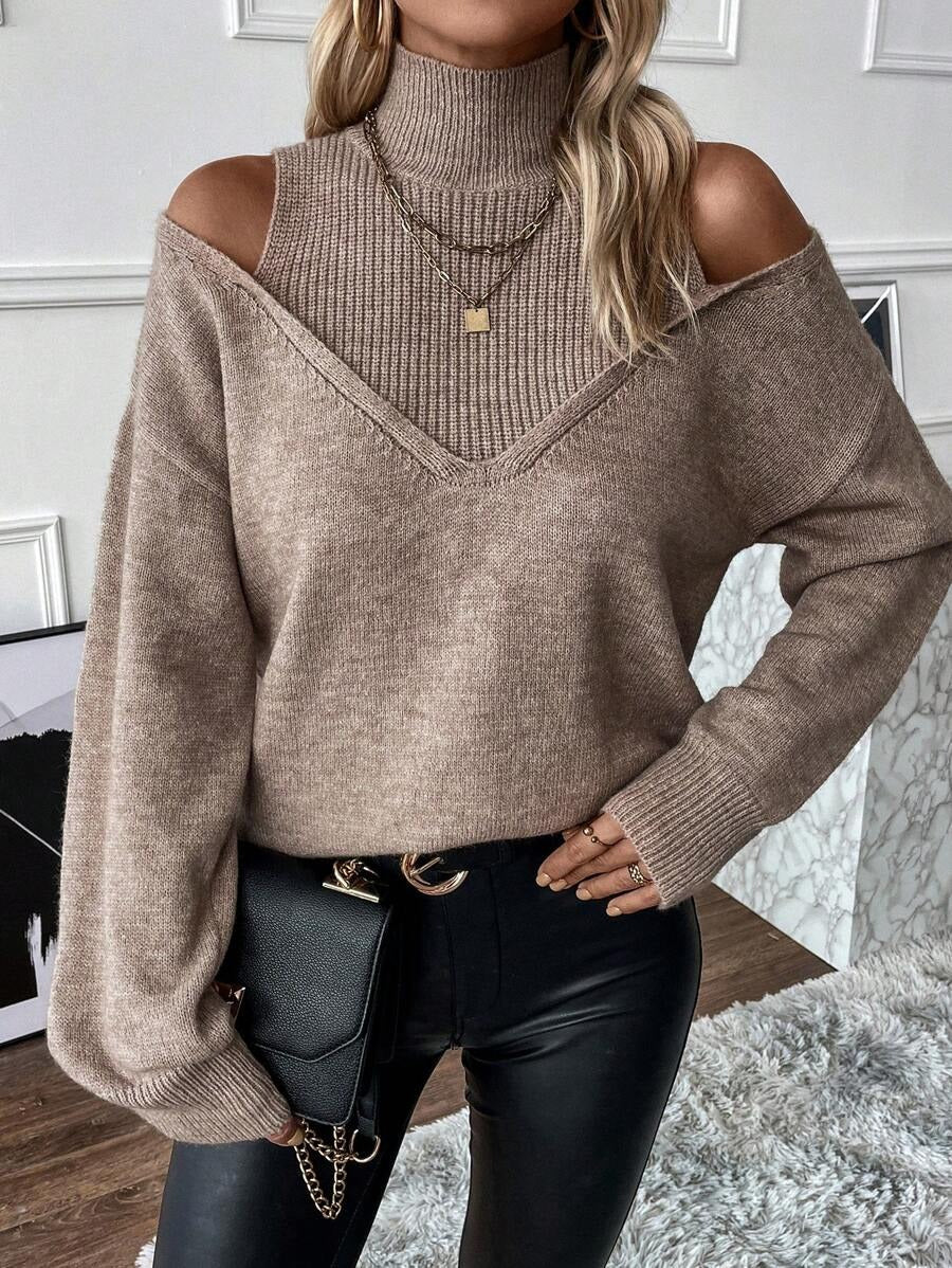 ⏰Hot Sale-Women's Turtleneck Cold Shoulder 2 In 1 Sweater