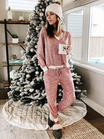 Women's  Striped Christmas Print V Neck Tee & Drawstring Waist Pants Sets