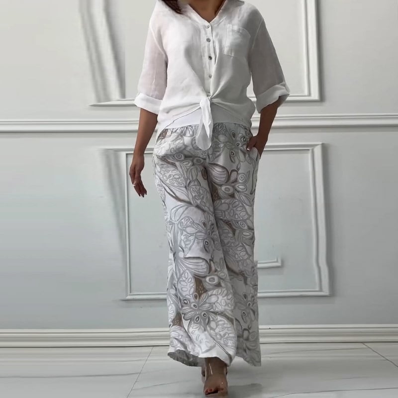 Women's Loose Shirt Cardigan & High-Waisted Pants Two-Piece Set