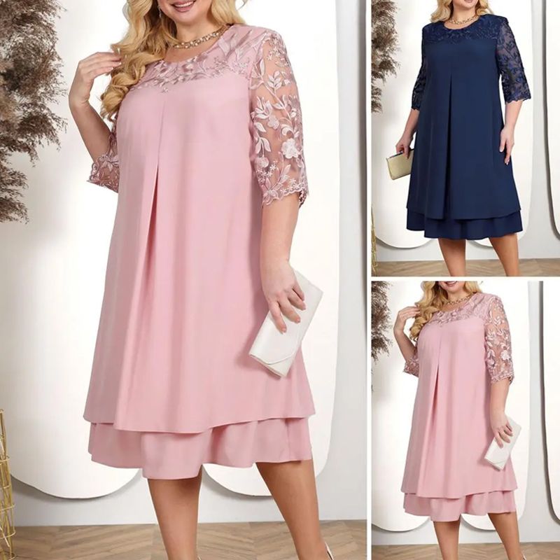 Women's Embroidered Chiffon Splicing Round Neck Dress