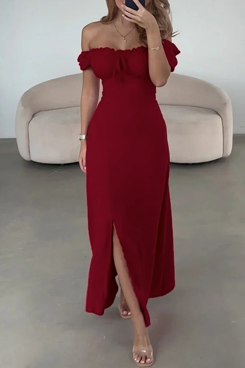Draw String Slit Off Shoulder A Line Dresses