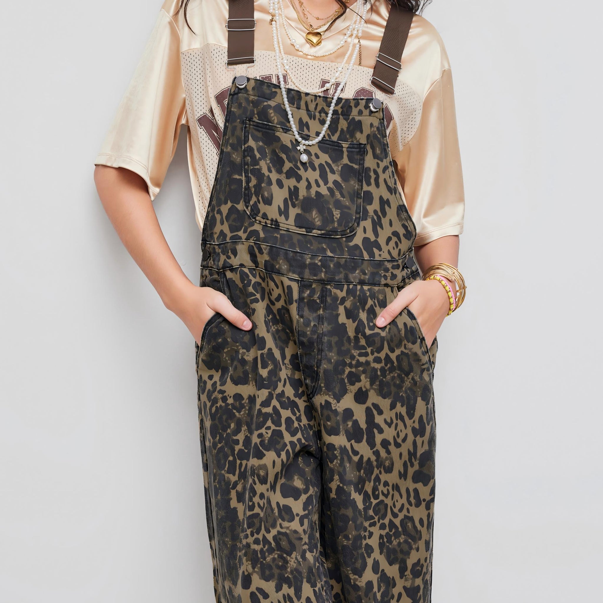 Leopard Pocket Buckle Up Wide Leg Oversized Jumpsuit