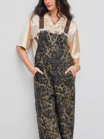 Leopard Pocket Buckle Up Wide Leg Oversized Jumpsuit