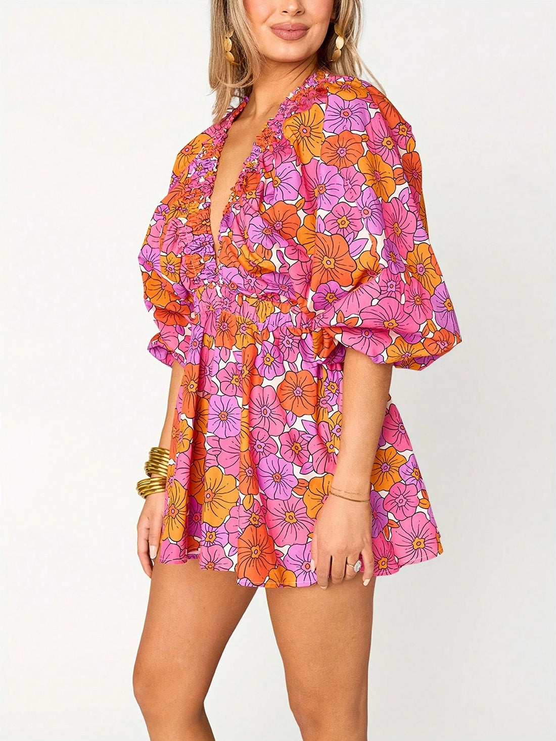 Women's Casual Deep V Neck Puff Sleeve Jumpsuit Oversized Overalls