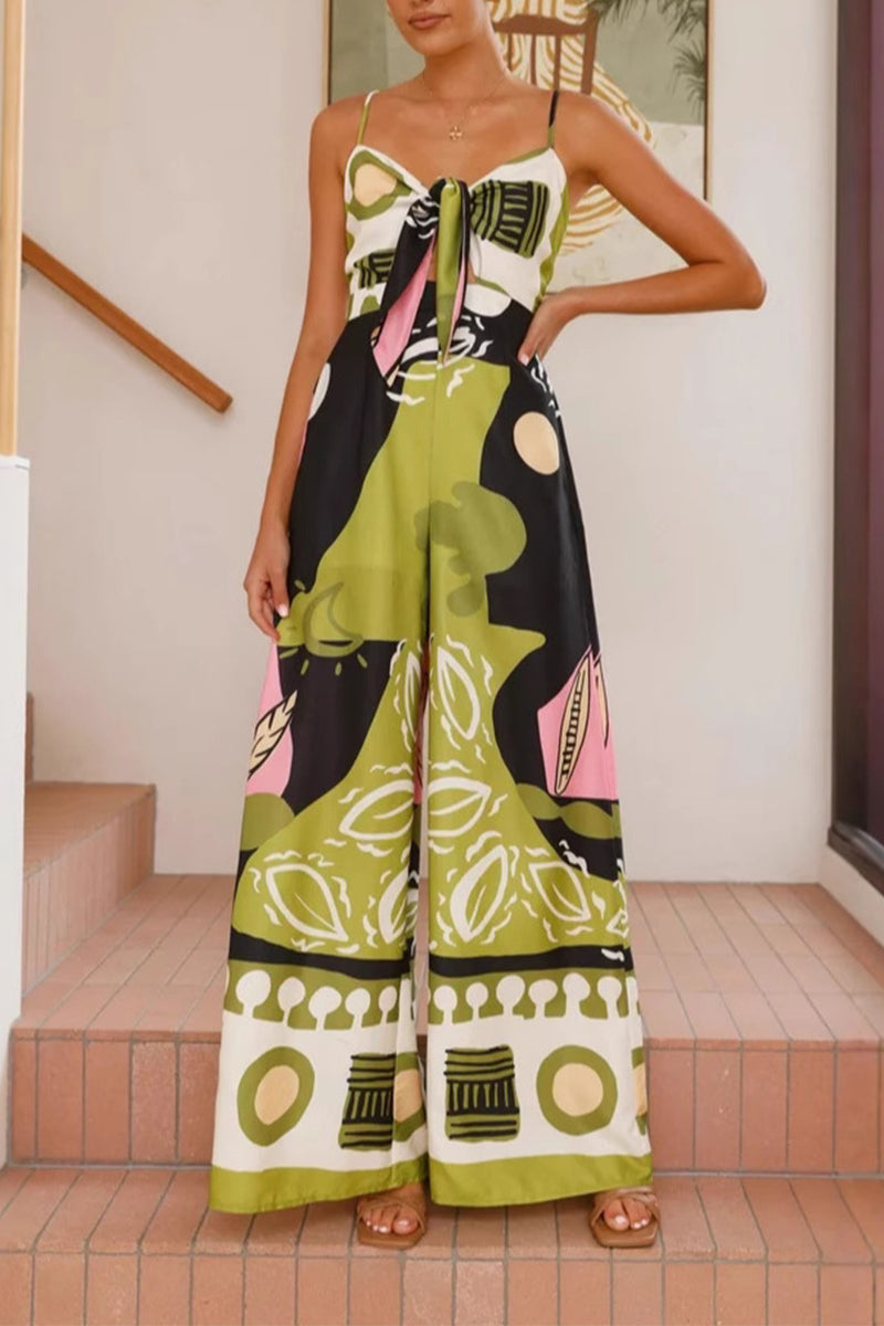Floral Print Lace Up V Neck Loose Jumpsuits