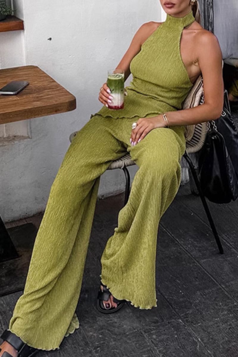 Backless Ruched Halter Sleeveless Two Pieces