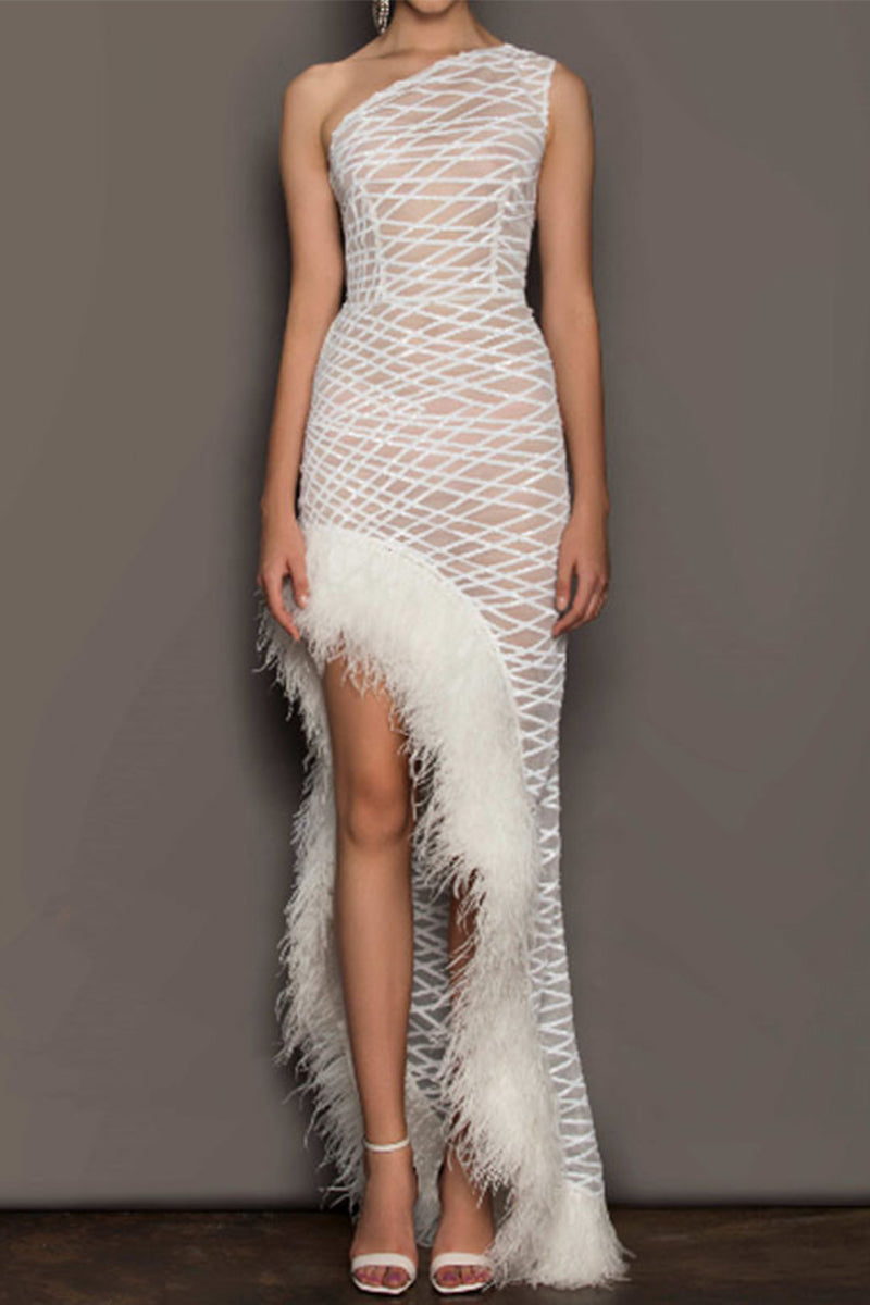 Irregular Mesh Feather Hemline Sloping Shoulder Evening Dresses