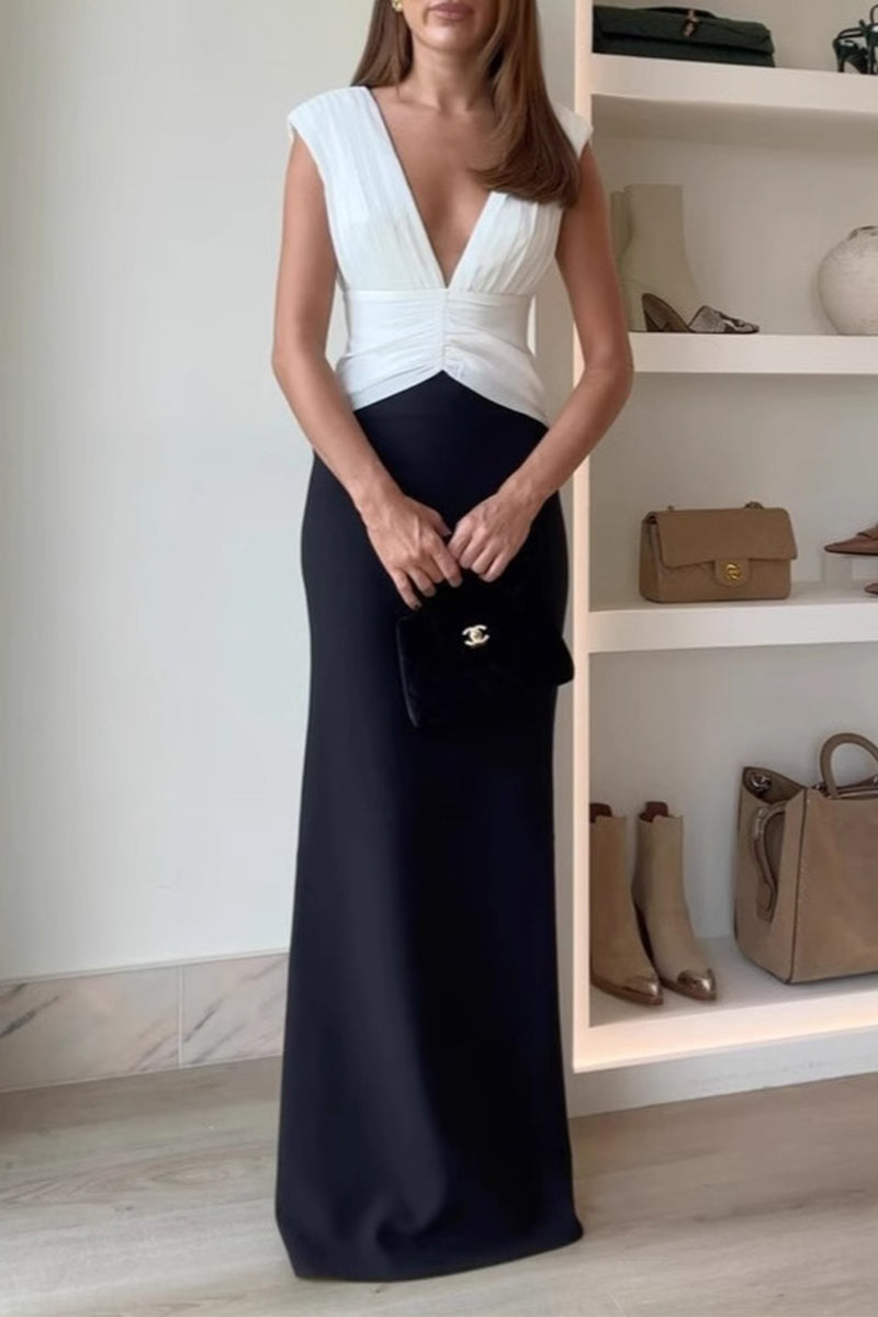 Backless Ruched Contrast V Neck Long Dresses