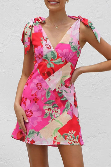 Floral Print Heart Shaped Lace Up V Neck Printed Dresses