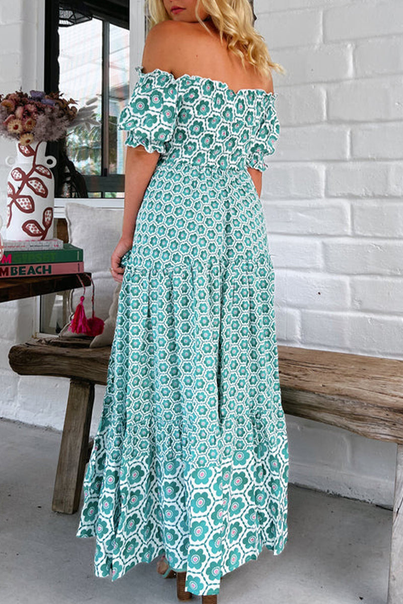 off the shoulder geometric print dress Green Dress Off Shoulder African print