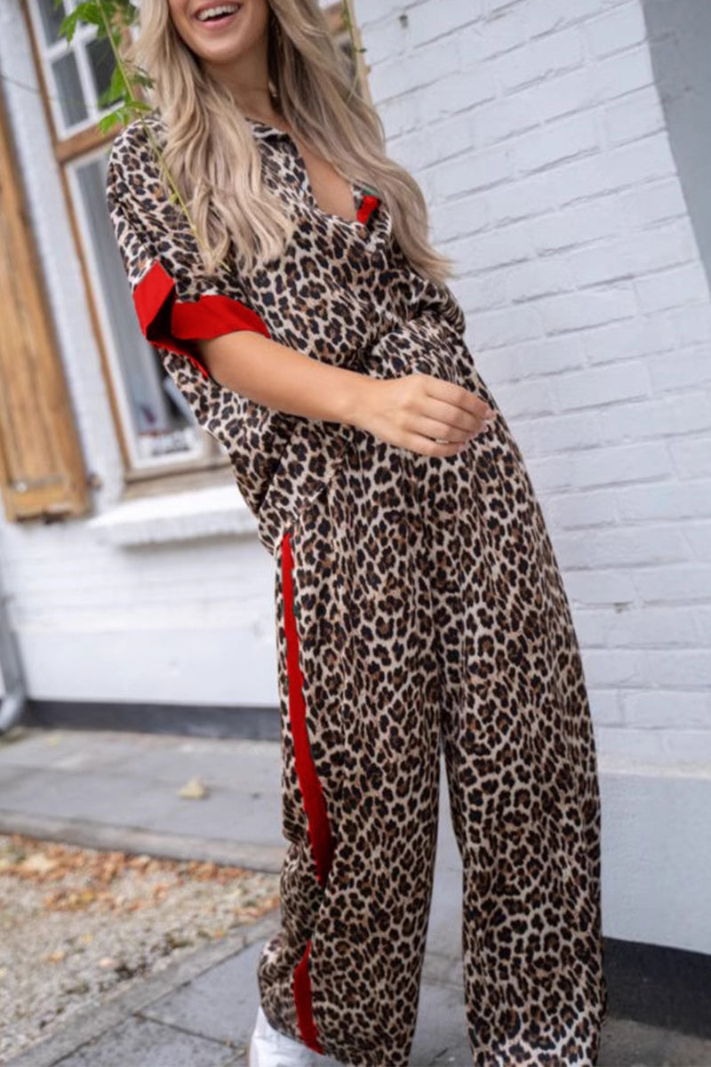 Leopard Patchwork Turndown Collar Short Sleeve Two Pieces
