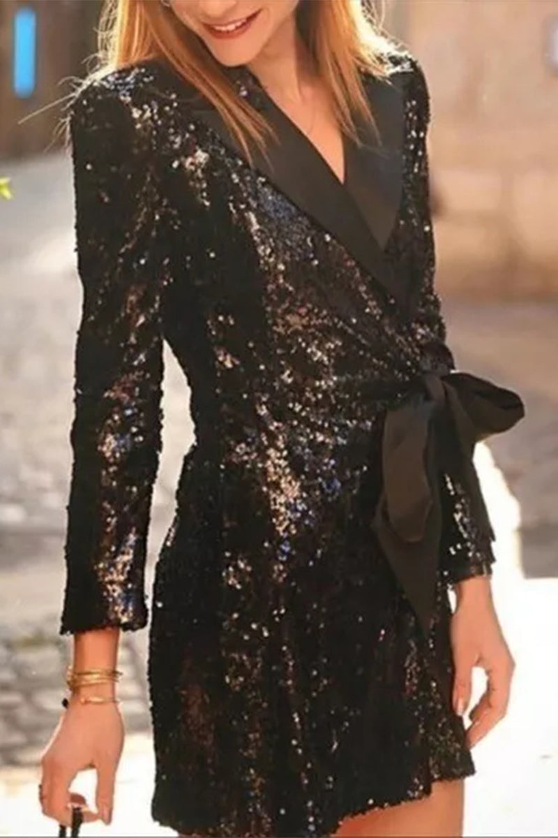 Sequins Lace Up Turn-back Collar Suit Dresses
