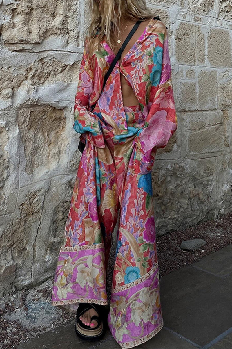 Floral Print Contrast Turndown Collar Long Sleeve Two Pieces