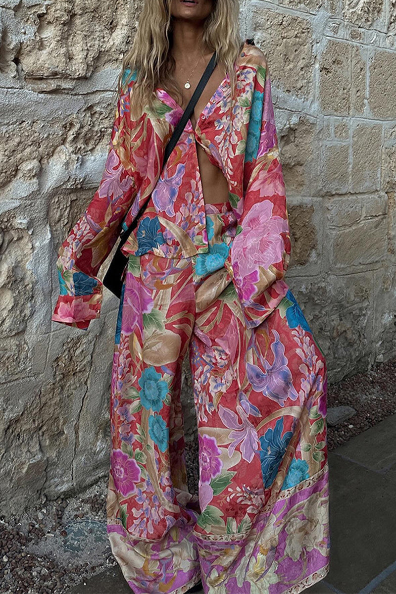 Floral Print Contrast Turndown Collar Long Sleeve Two Pieces