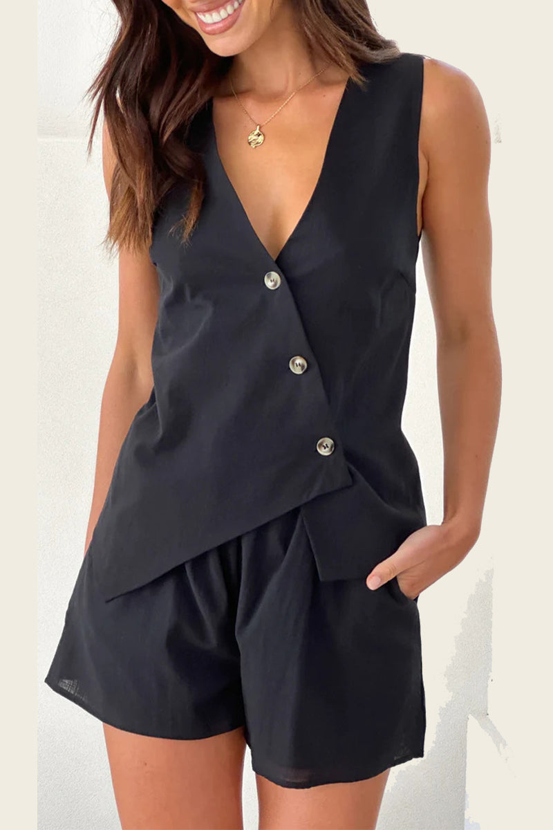 Buttons Irregular V Neck Sleeveless Two Pieces
