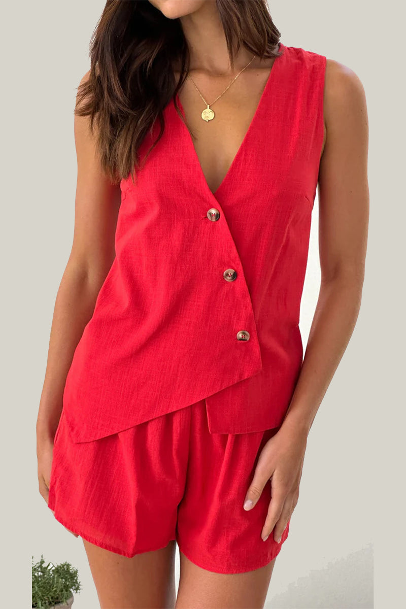 Buttons Irregular V Neck Sleeveless Two Pieces
