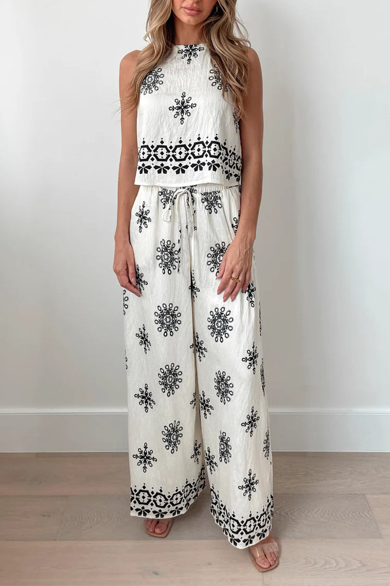 Geometric Print Lace Up O Neck Sleeveless Two Pieces