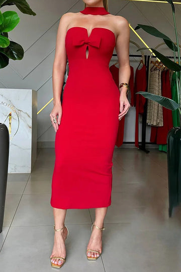 Bow Decor Halter One Step Skirt Dresses