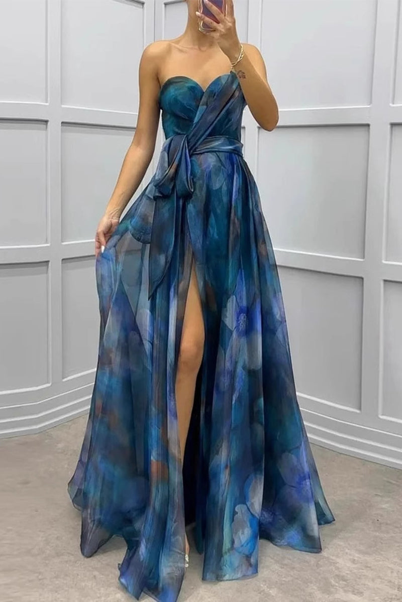 Lace Up Slit Contrast Strapless Evening Dresses