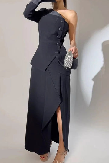 Buttons Slit Irregular Sloping Shoulder Long Sleeve Two Pieces