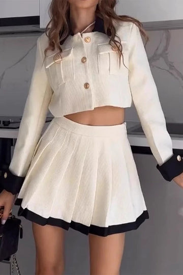 Pleated Contrast Turndown Collar Long Sleeve Two Pieces