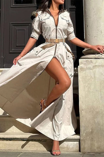 Patchwork With Belt Zipper Turndown Collar Long Dresses