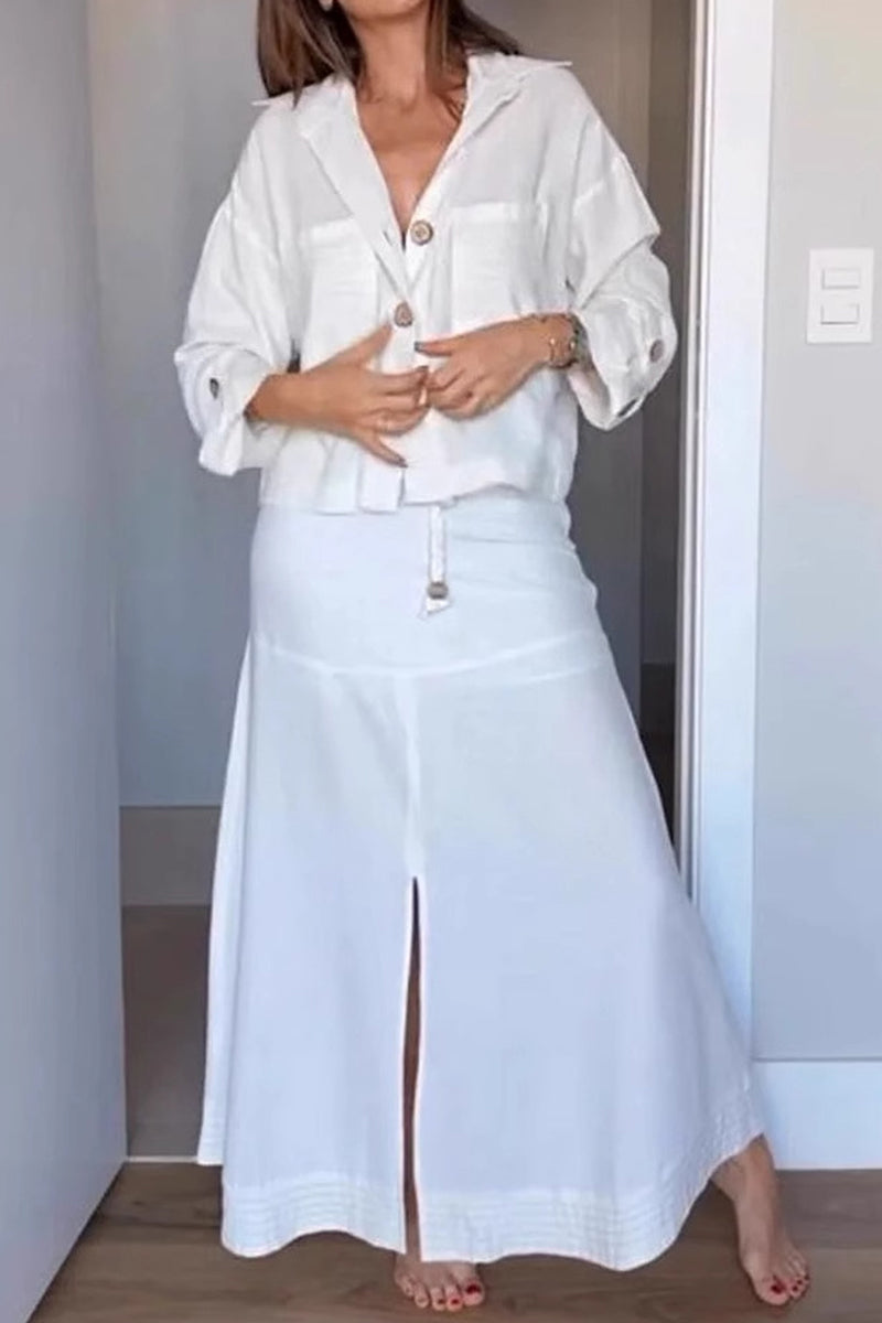 Lace Up Buttons Turndown Collar Long Sleeve Two Pieces