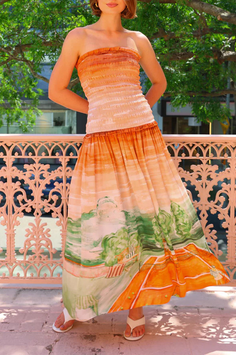 Landscape Printing Contrast Strapless Sleeveless Dresses