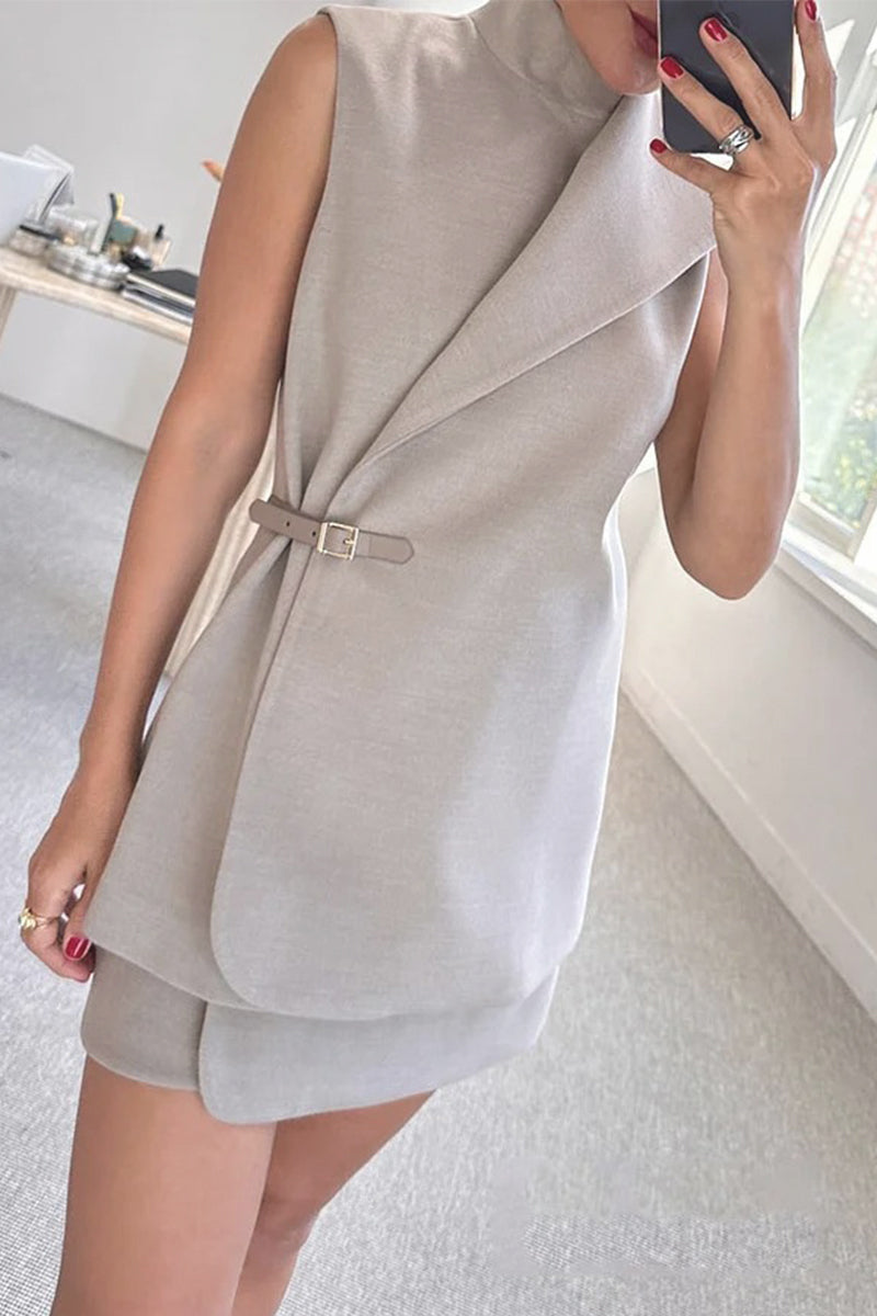Patchwork Adjustable Mandarin Collar Sleeveless Two Pieces