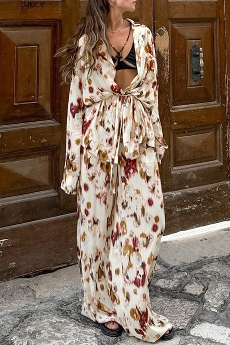 Contrast Turndown Collar Long Sleeve Two Pieces