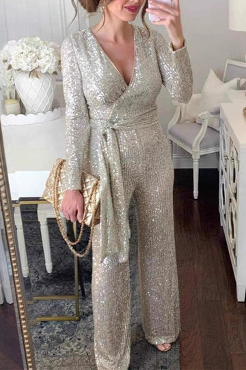 Sequins Lace Up Sequined V Neck Regular Jumpsuits
