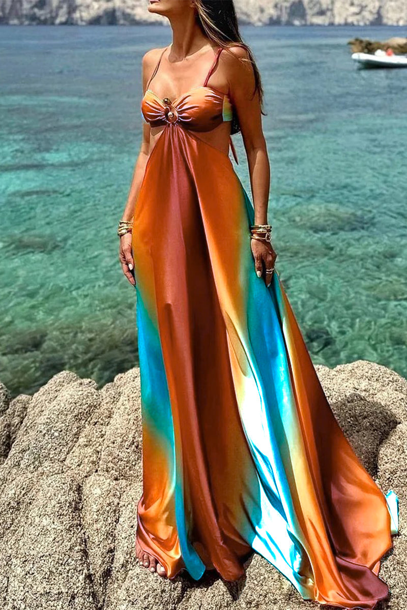 Lace Up Contrast V Neck Long Dresses