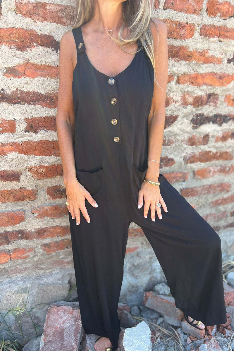 Casual Pocket Buttons Backless U Neck Boot Cut Jumpsuits