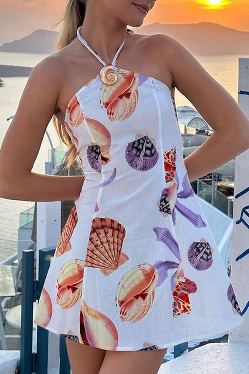 Graffiti Print Patchwork Contrast Halter Printed Dresses