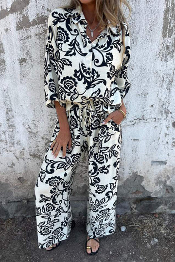 Floral Print Pocket Contrast Turndown Collar Three Quarter Two Pieces
