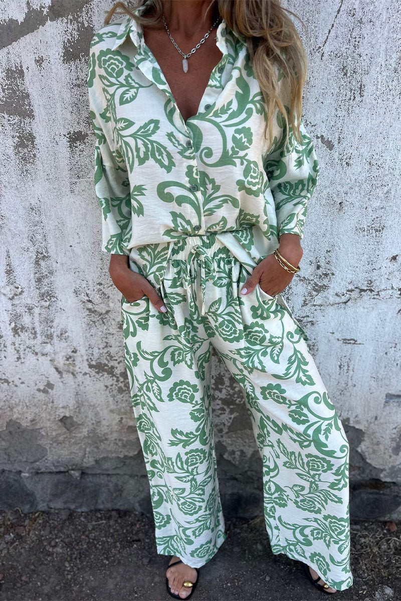 Floral Print Pocket Contrast Turndown Collar Three Quarter Two Pieces