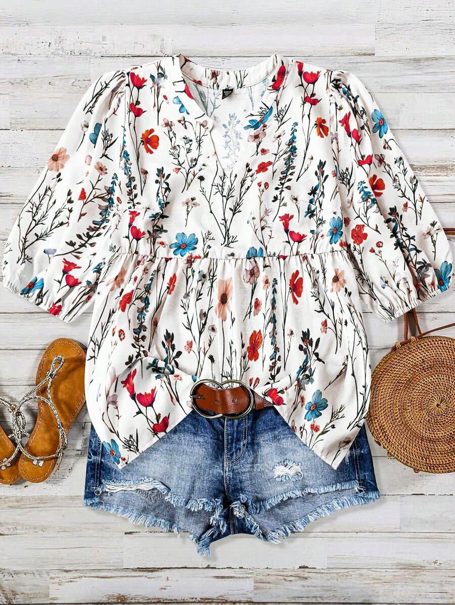 Women's Casual Printed Puff Sleeve Short Sleeve Tunic Top