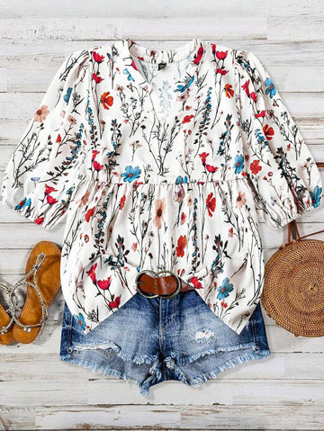 Women's Casual Printed Puff Sleeve Short Sleeve Tunic Top