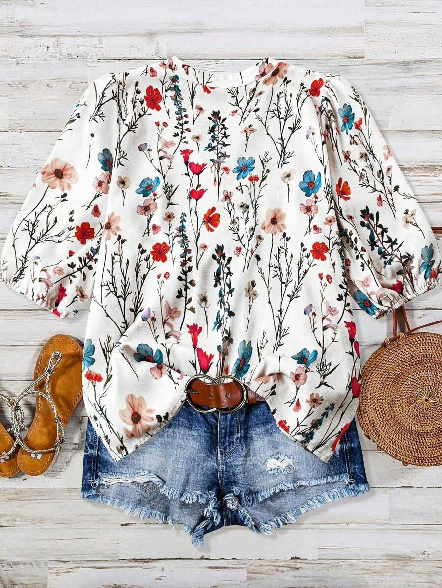 Women's Casual Printed Puff Sleeve Short Sleeve Tunic Top