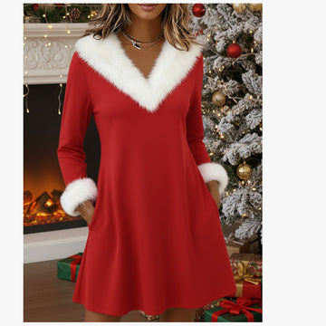 Elegant  V-neck made of rabbit fur A-line Christmas dress