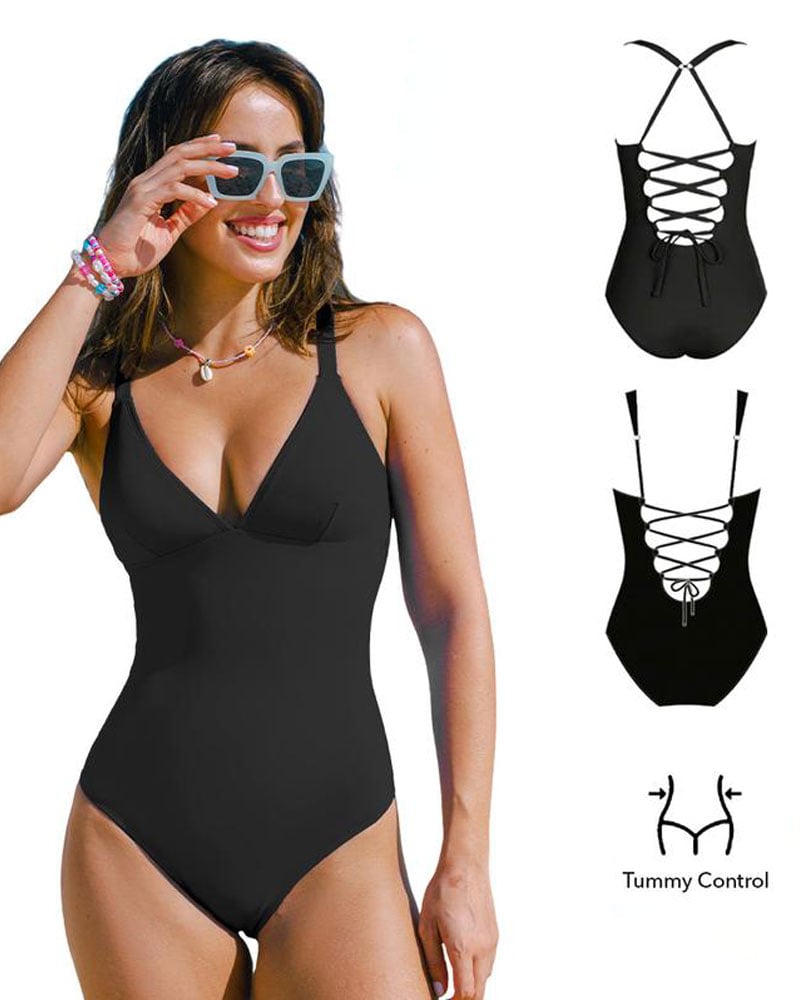 Plunging Slim & Sculpt Lace-Up Back One-Piece