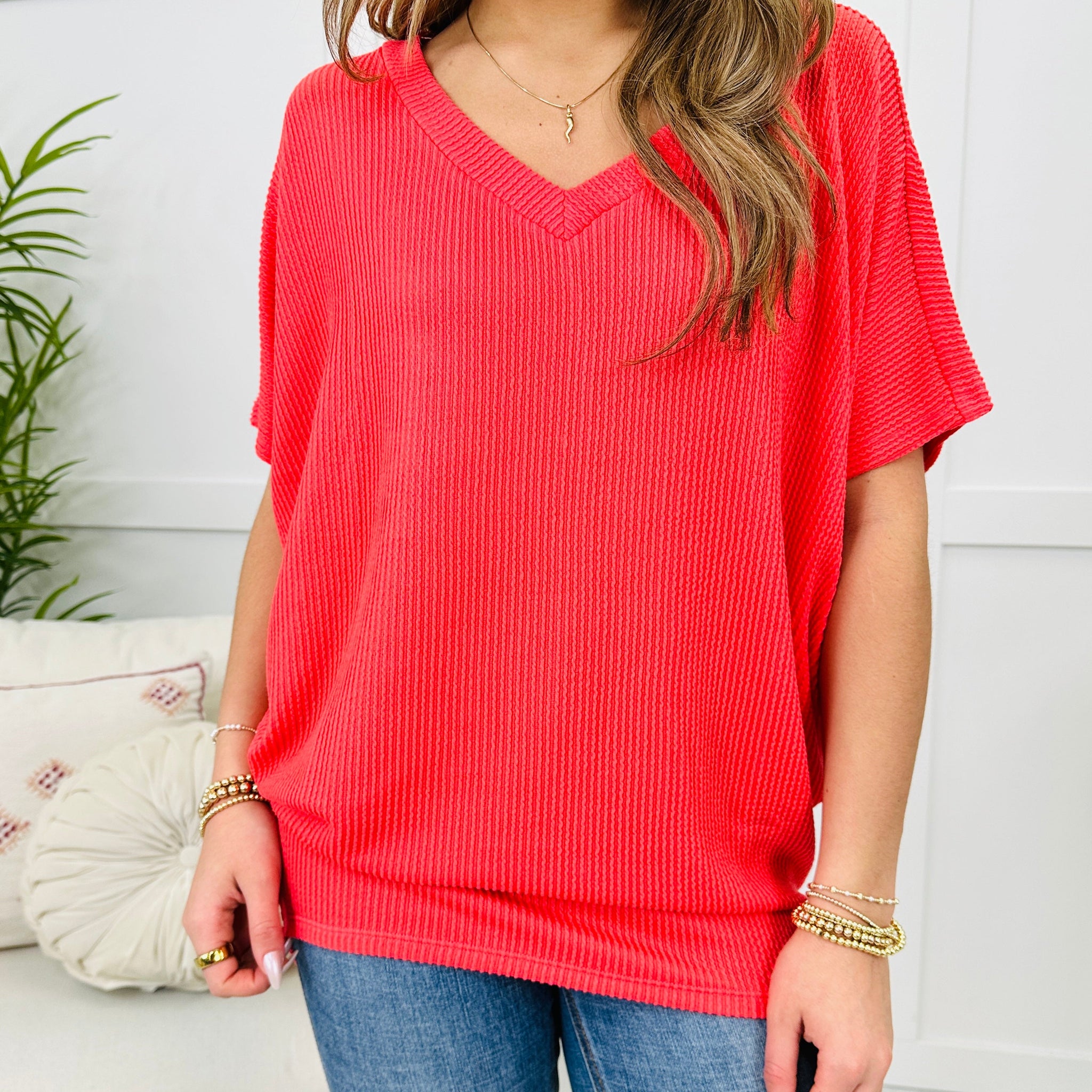 Women's Oversized Ribbed V Neck Batwing Short Sleeve Top