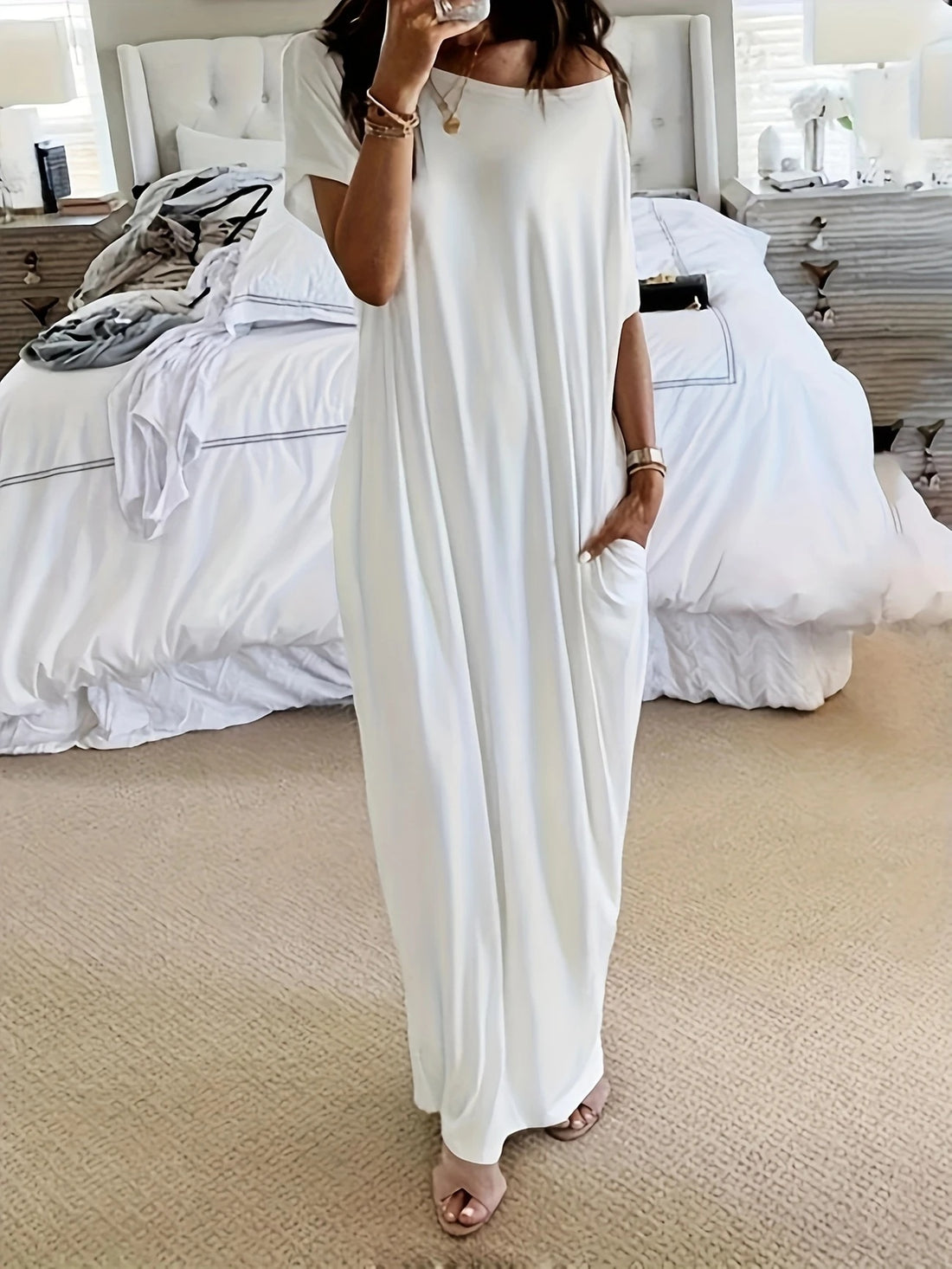 Women's Oversized Solid Slant Shoulder Pocket Dress