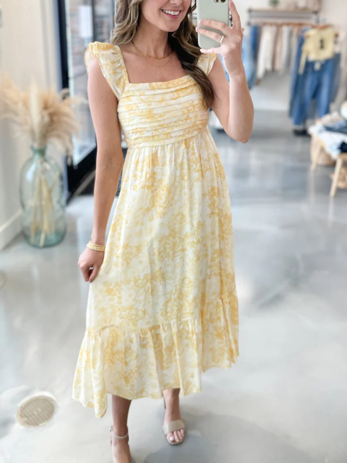Women's Casual Square Neck Pleated Printed Layered Dress