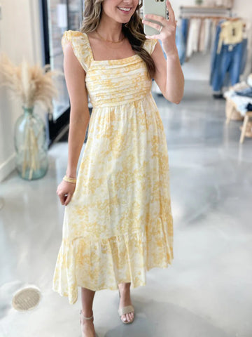 Women's Casual Square Neck Pleated Printed Layered Dress