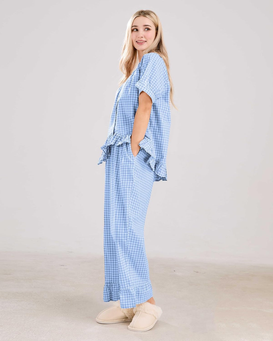Women Plaid 2 Piece Set Pajamas Outfits Short Sleeve Ruffle Shirt Pants Sets