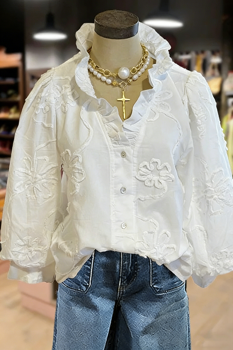 Embroidered Flower Ruffle Neck Puff Sleeve Top
