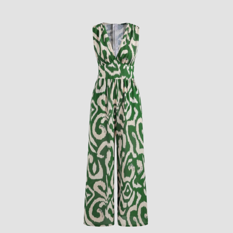 Woven V-neck Abstract Sleeveless Wide Leg Jumpsuit